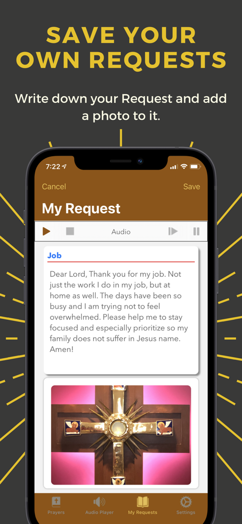 A mobile app screen showing how to save personal prayer requests with text and photos in the Saint Jude Thaddeus app.