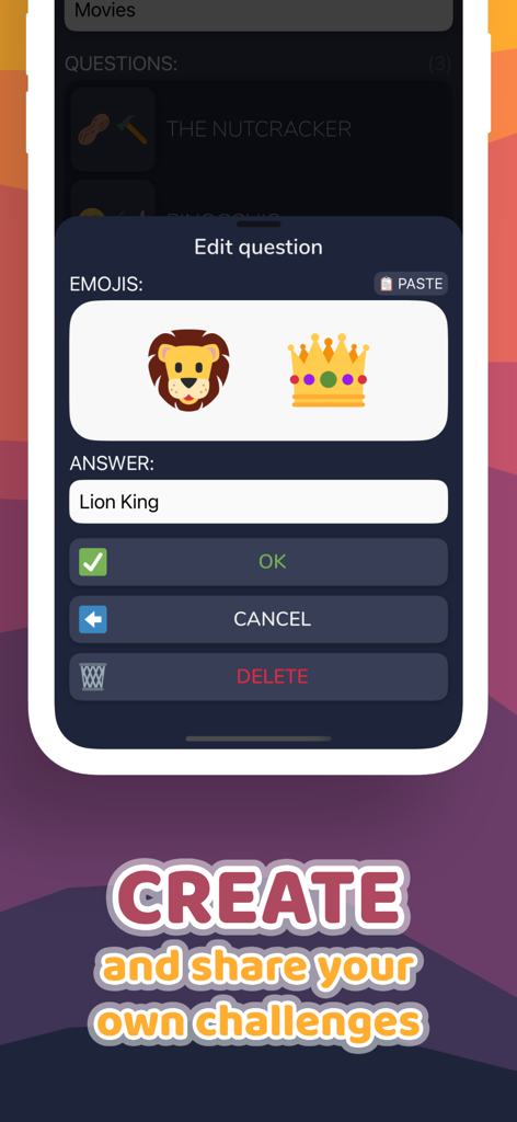 Emoji Quiz Master - Interfaz de la aplicación Emoji Quiz Master para crear un desafío de emojis personalizado con un icono de león y corona.