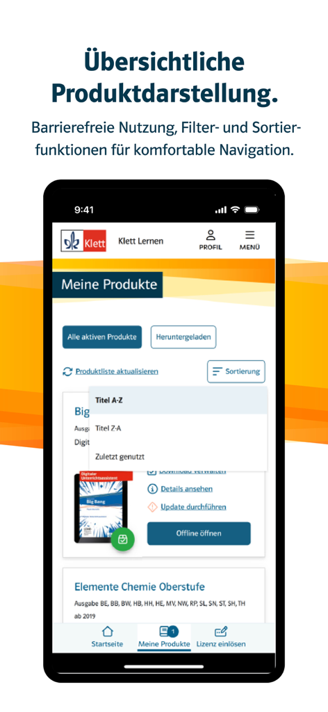 Klett Lernen App zeigt digitale Lehrbücher mit Sortieroptionen