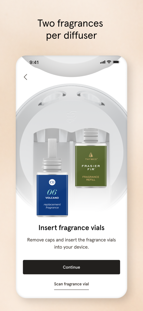 스마트 홈 디퓨저에 두 개의 향기 카트리지를 삽입하는 것을 보여주는 Pura 앱 설정 화면