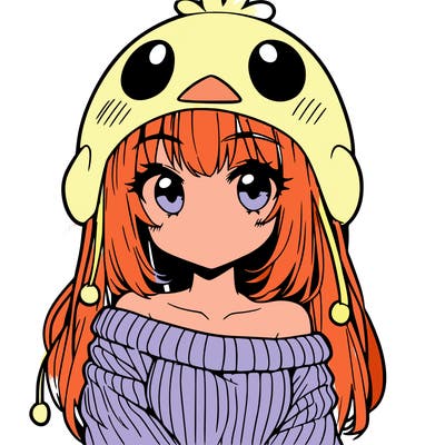 anime girl with chick shaped hat with sweater with bare shoulders with bangs covering them one eye with low tail
