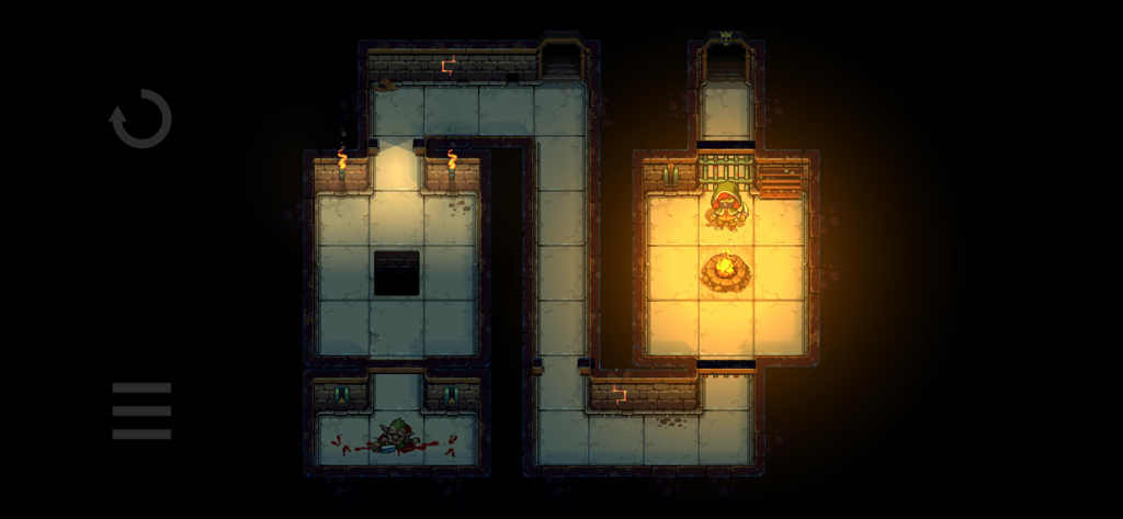 Dungeons of Dreadrock - Un personaje en arte de píxeles de pie junto a una fogata en un nivel de mazmorra.