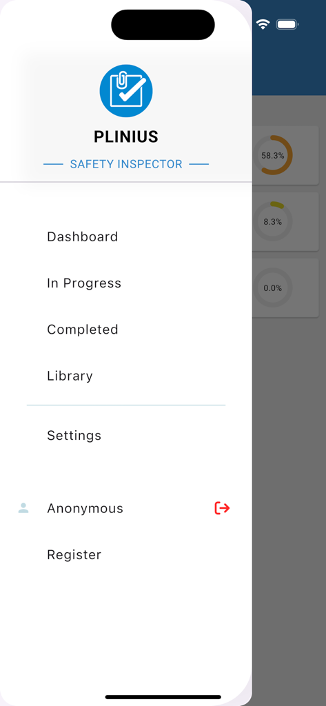 Safety Inspector - Safety Inspector app sidebar navigation menu showing dashboard and inspection status options