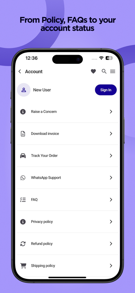 Robocraze - The Robocraze app account screen displaying user sign-in options and links for order tracking, support, and company policies.