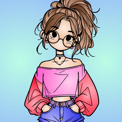 girl with a messy ponytail glasses a baggy crop top and jean shorts