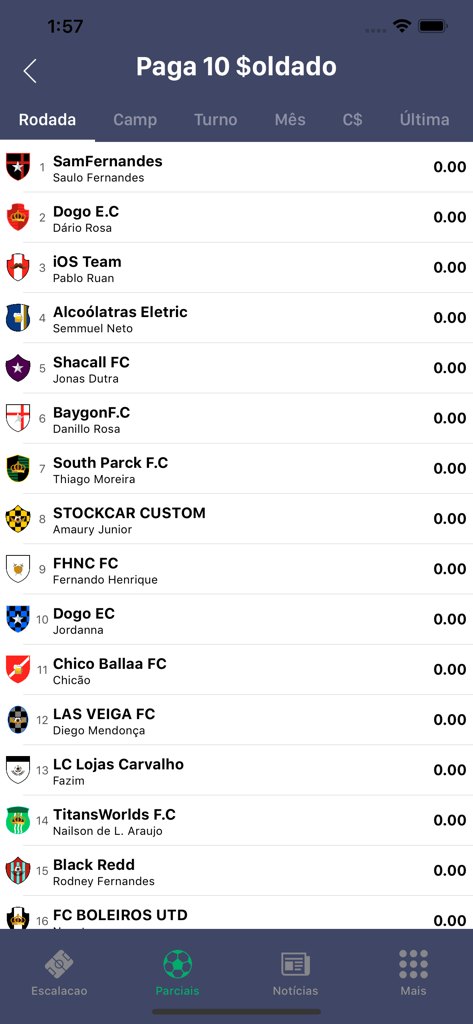 Guru do Cartola - A ranking list of fantasy soccer teams and their owners on the Guru do Cartola app screen