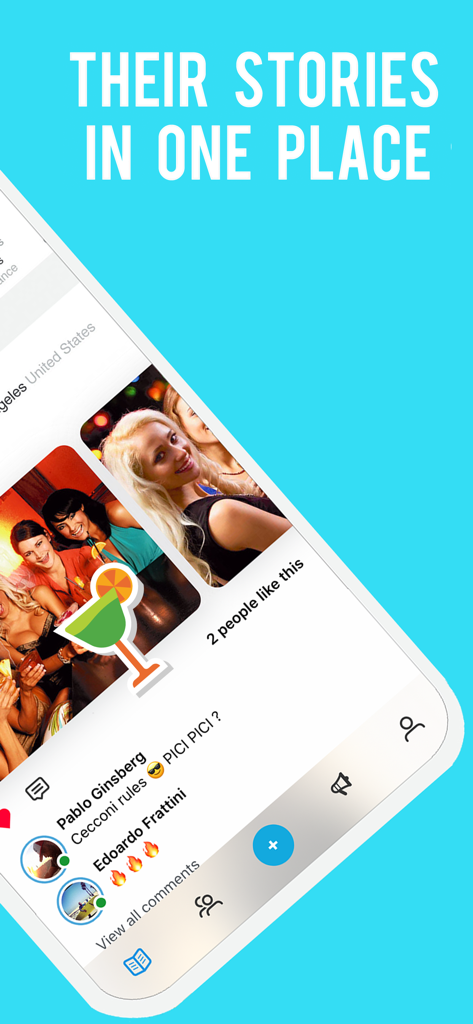 Sensory app interface displaying a social feed of friends' photo stories with comments and likes.
