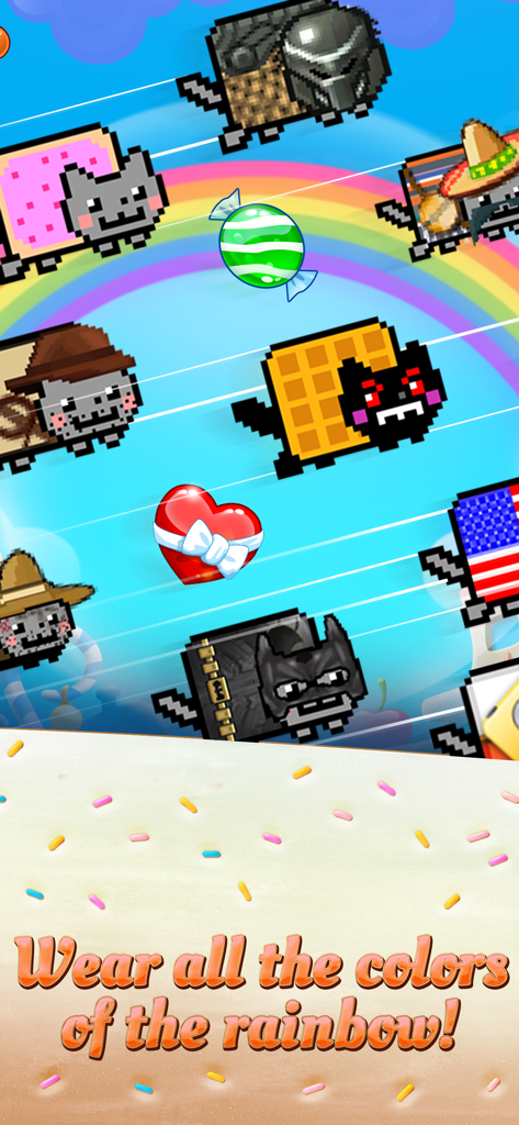A variety of Nyan Cat skins flying across a rainbow background