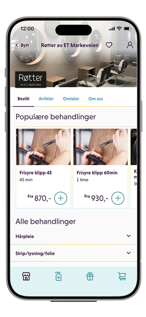 Fixit Timebestilling - Fixit app interface showing popular haircut treatments and booking options for a Norwegian salon.