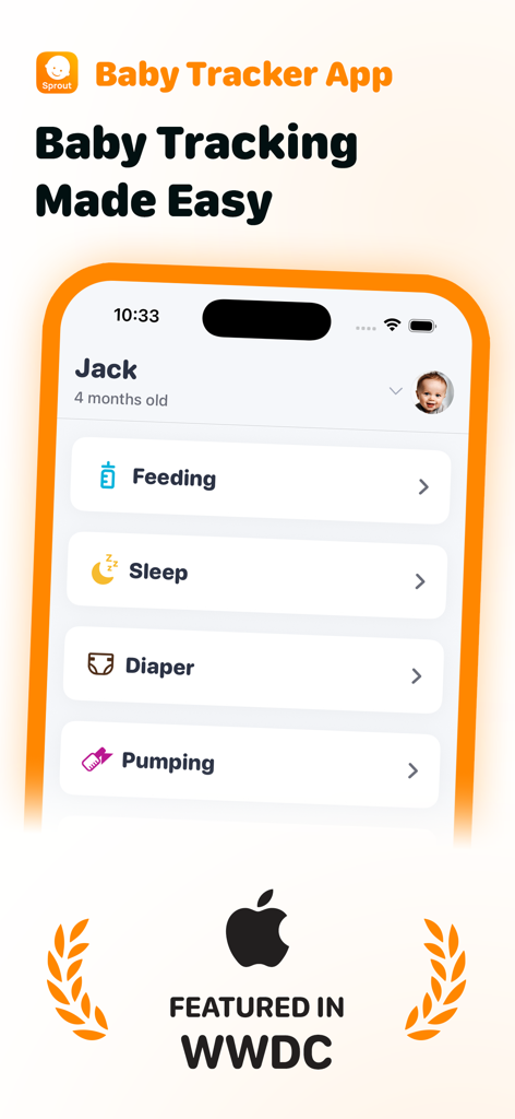 Baby Tracker App by Sprout - Sprout Baby Tracker app home screen with tracking categories for feeding sleep and diapers