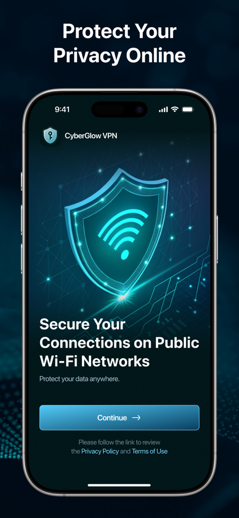 CyberGlow VPN - AI Secure Tool - CyberGlow VPN mobile app screen showing a secure shield icon and public Wi-Fi protection features