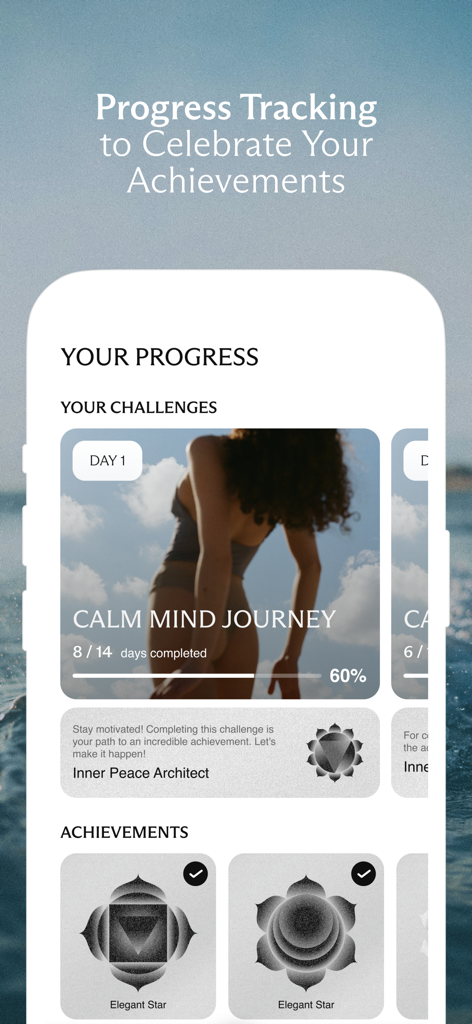 Swanly: Stretch & Mindfulness - Una interfaz de aplicación móvil de Swanly que muestra el seguimiento del progreso para un viaje de mente en calma con insignias de logros.