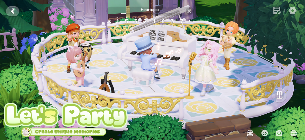 Heartopia - Characters in Heartopia playing various musical instruments together on a decorated stage