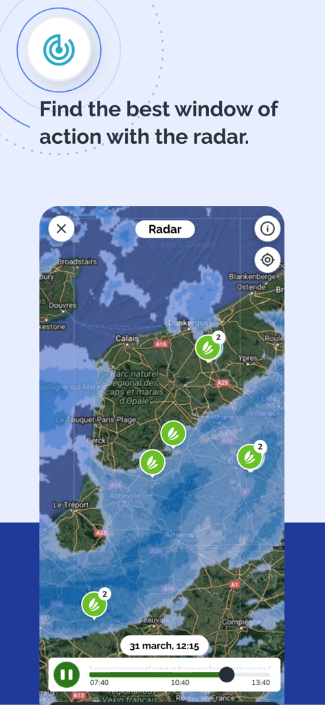 Interface de l'application Sencrop montrant une carte radar météo locale avec des marqueurs de champs