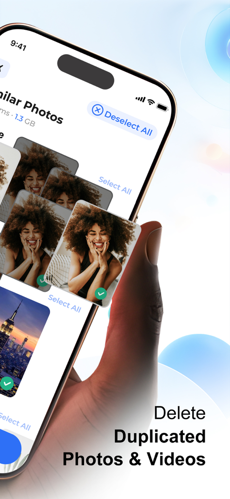 AI Cleaner：Phone Cleaner - iPhone screen showing the AI Cleaner app interface for selecting and deleting similar duplicate photos to free up storage space