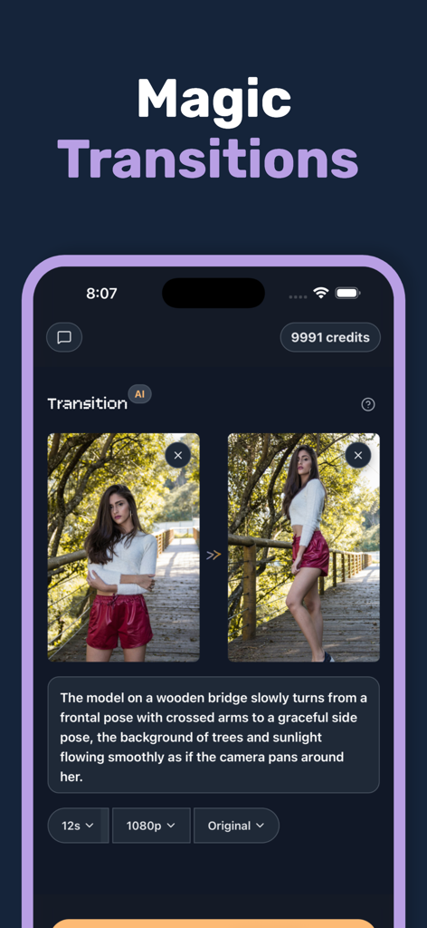 Photo to Video: AI Video Maker - Interfaz de la aplicación Foto a Video que muestra la función de Transiciones Mágicas usando IA para animar dos fotos con una indicación de texto.