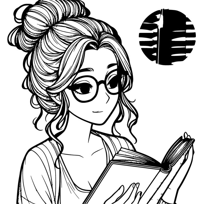 realistic girl wearing a bun with glasses and reading a book