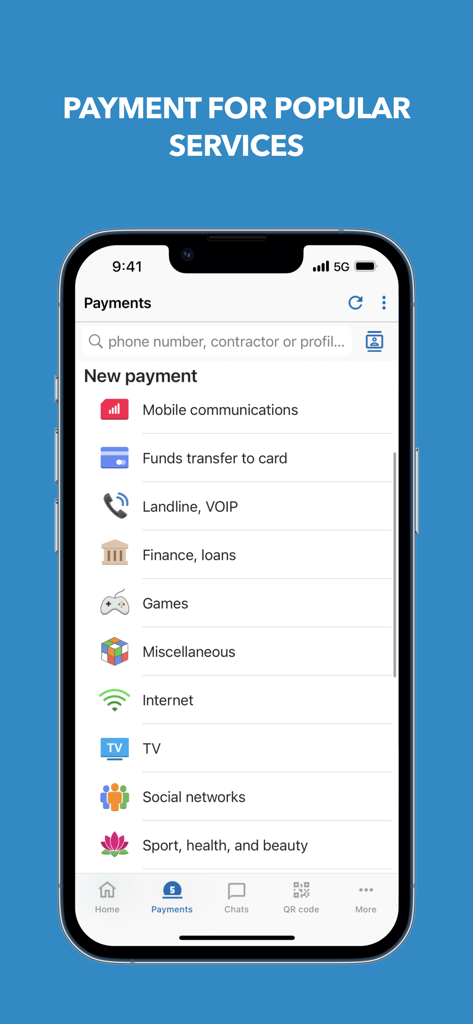 WebMoney Keeper - L'écran de paiement de l'application WebMoney Keeper affiche différentes catégories de services comme les communications mobiles, Internet et les services publics.