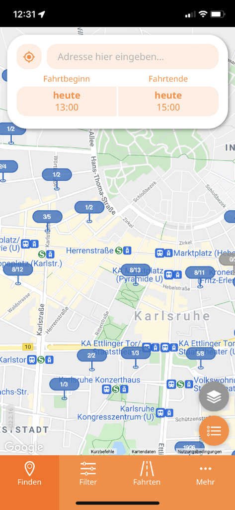 Map view of the stadtmobil carsharing app showing available vehicles and rental stations in Karlsruhe