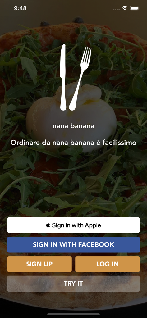 nana banana - Pantalla de inicio de sesión de la app Nana Banana con opciones de inicio de sesión y fondo de pizza