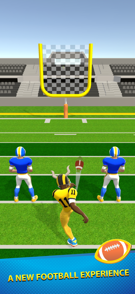 Hyper Touchdown 3D - An American football player in a yellow jersey throwing a football on a 3D field towards goalposts
