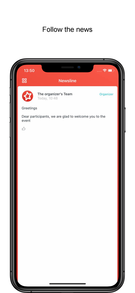 Event.A - Event.Aモバイルアプリのニュースライン画面、イベント主催者からのウェルカムメッセージを表示