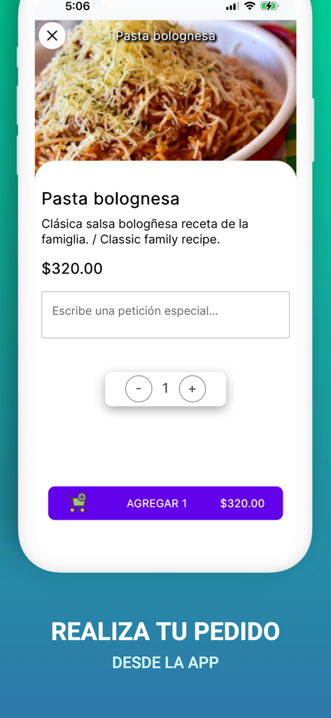 Glooping - A mobile screen from the Glooping app showing a pasta bolognese dish with price and an add to cart button