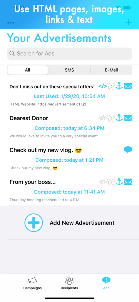 A list of SMS and email marketing advertisements in the Advertisement app interface.