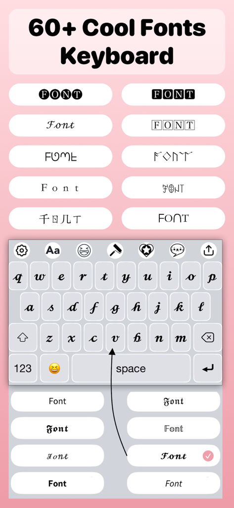 Fonts App - Cool Font Keyboard - Preview of aesthetic font styles and custom keyboard interface for the Fonts App
