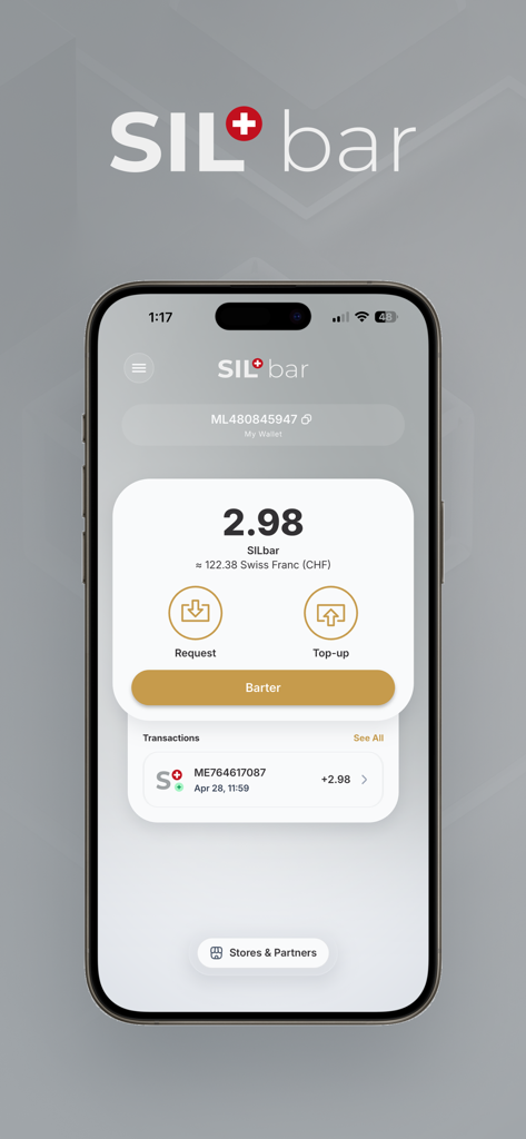 SILbar - SILbar app dashboard showing silver balance with options to request top up and barter