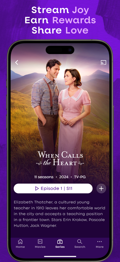 Hallmark plus mobile app showing the series page for When Calls the Heart.