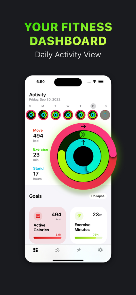 Activity Tracker・FitnessView - FitnessView app interface on an iPhone displaying activity rings and fitness goal progress