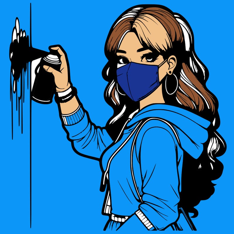 realistic girl with mask spray painting a wall