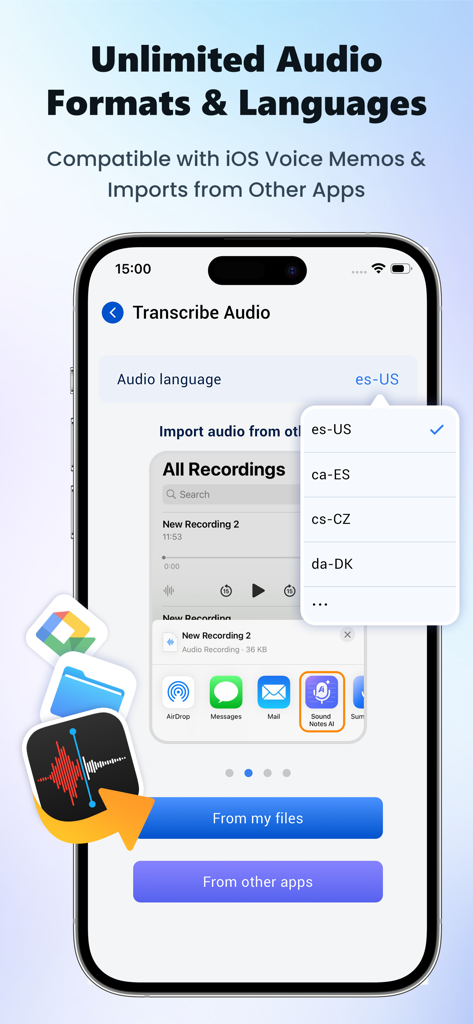Sound Notes AI:Voice Assistant - Interfaz de la aplicación móvil Sound Notes AI que muestra la selección del idioma de transcripción de audio y las opciones para importar archivos de otras aplicaciones