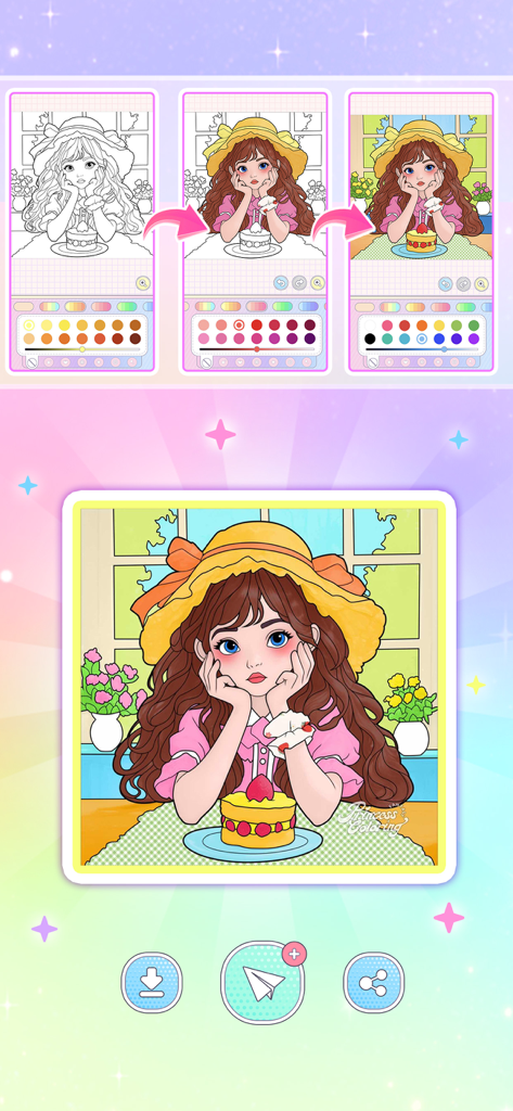Princess Game Fantasy Coloring - Un'interfaccia mobile che mostra il processo di colorazione passo dopo passo di un personaggio femminile con tavolozze di colori e pulsanti di condivisione.