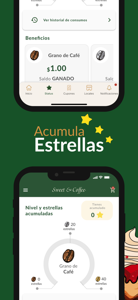 Sweet and Coffee app interface showing loyalty program levels and star collection progress