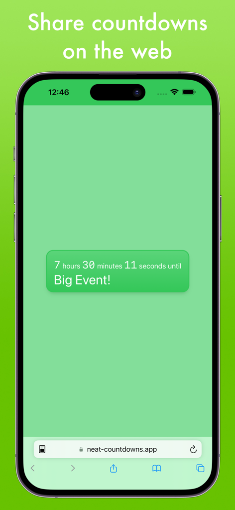 Neat Countdowns - Teléfono inteligente que muestra un temporizador de cuenta regresiva compartido en un navegador web