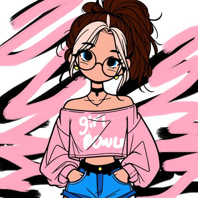 girl with a messy ponytail glasses a baggy crop top and jean shorts