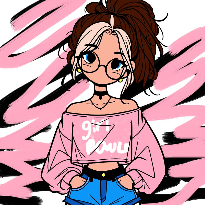 girl with a messy ponytail glasses a baggy crop top and jean shorts