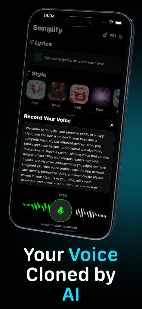 AI Song Generator - Songlify - Smartphone screen showing the Songlify app interface for recording a voice to be cloned by AI with music style options like Pop and Rock