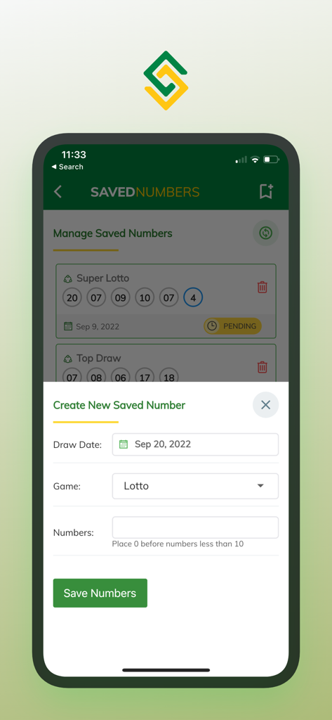 Tela do aplicativo Supreme Ventures para gerenciar e criar números de loteria salvos