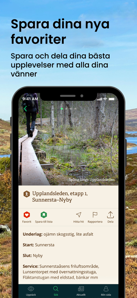 Tela de smartphone do aplicativo Naturkartan mostrando o perfil de uma trilha de caminhada com detalhes e um botão para salvar nos favoritos.