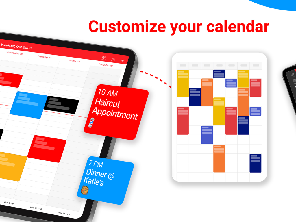 WeekCal für iPad-Oberfläche mit farblich kodierten Kalenderereignissen und Anpassungsoptionen