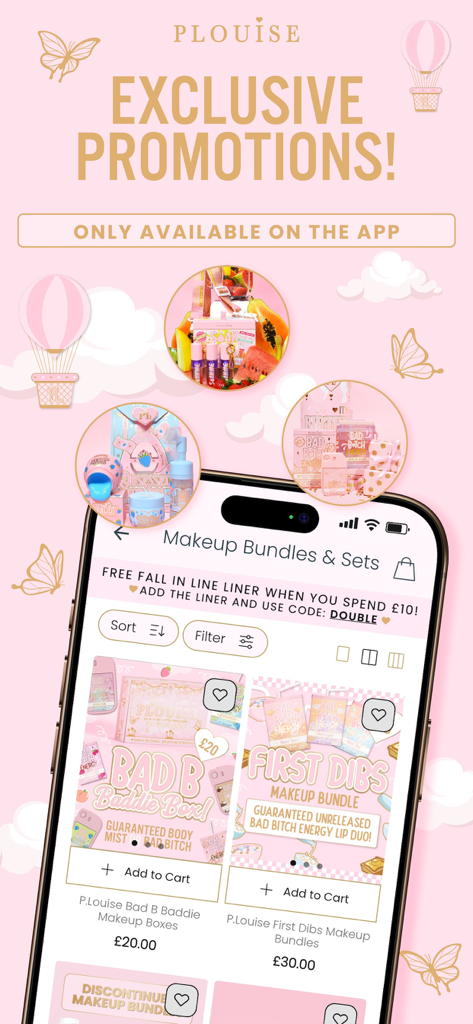 P Louise Cosmetics - P Louise mobile app screen displaying exclusive makeup bundles and promotional offers.