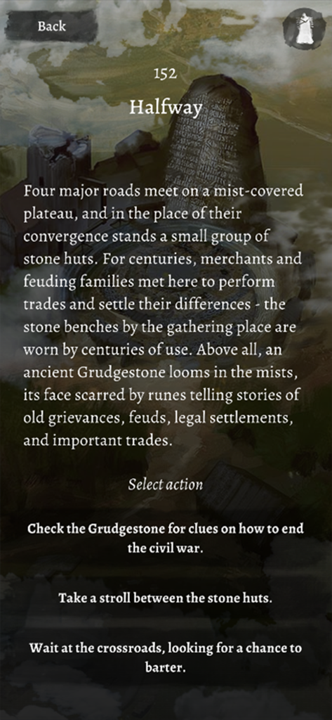 Tainted Grail Companion - A narrative exploration screen from the Tainted Grail Companion app showing location description and action choices