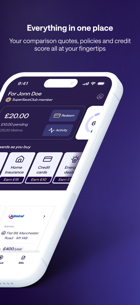 MoneySuperMarket app interface showing credit score monitoring and insurance comparison quotes