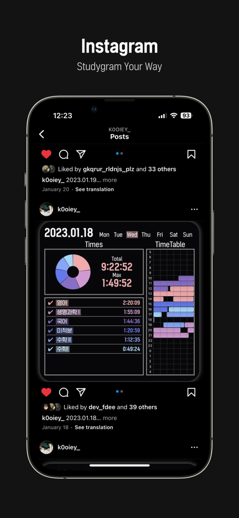 Smartphone screen displaying a colorful study log on Instagram from the TimerTiTi app