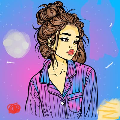 realistic woman with pajamas on and a messy bun