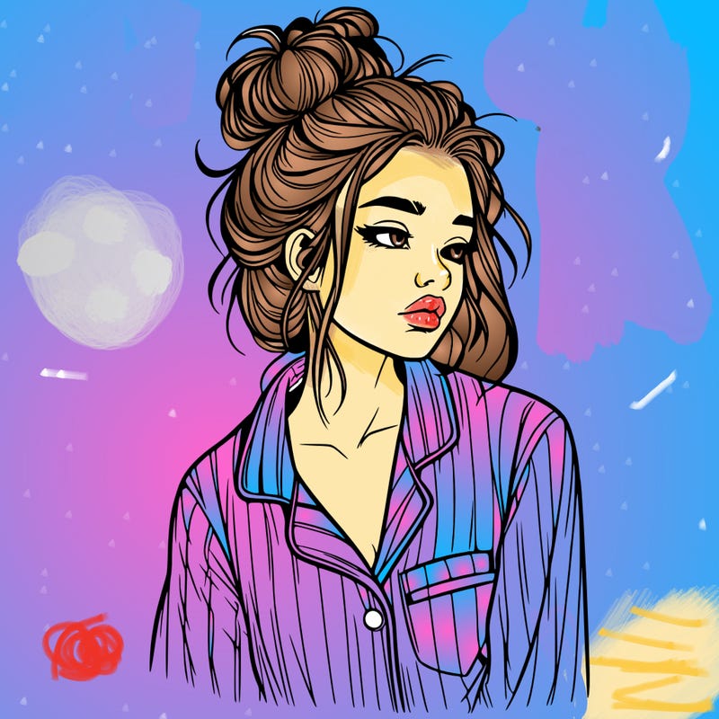 realistic woman with pajamas on and a messy bun