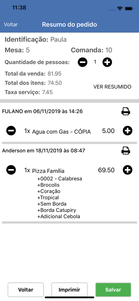 Saipos Garçom - 항목 세부 정보 및 총계가 포함된 레스토랑 주문 요약을 표시하는 모바일 앱 화면